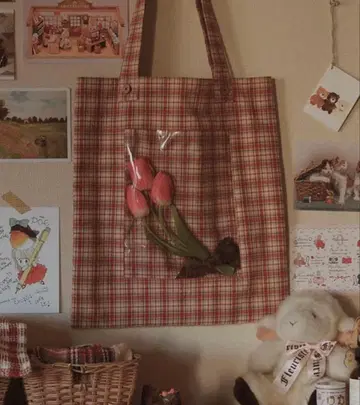 onlychild 체크 무늬 꽃 이야기 토트백 온리차일드