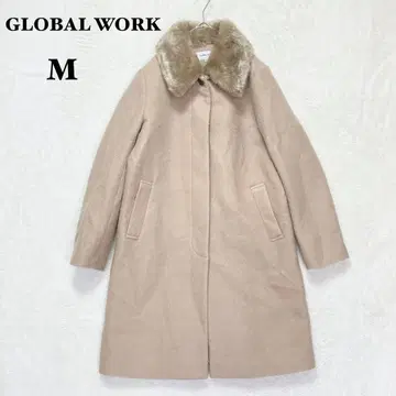글로벌 워크 울 혼방 롱 코트 M 베이지 인조 모피 깔끔한