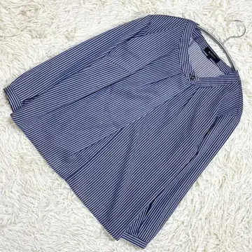 리플렉트 블루 화이트 스트라이프 패턴 긴팔 블라우스 신축성 M 오피스