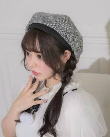 pium 하운드투스 체크 패턴 리본 베레모 체크 무늬 베레모 스톤 포함