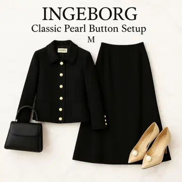 잉게보그 금 펄 버튼 트위드 셋업 M 블랙 실크 린넨 혼방