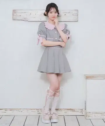 Honey Cinnamon 소매 리본 배색 셋업