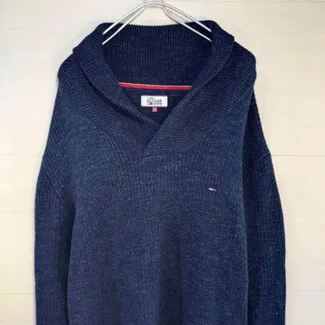 타미힐피거 데님 니트 스웨터 자수 로고 네이비 블루 XL 사이즈