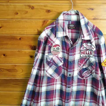 긴팔 셔츠 체크 빨간색 네이비 화이트 와펜 더블 포켓 빈티지 구제 의류