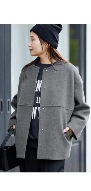 저널 스탠다드 슈퍼 140 비버 노카라 숏코트 그레이