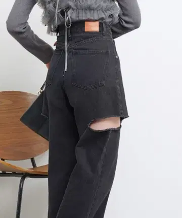 Chico/데미지 와이드 데님 팬츠 블랙