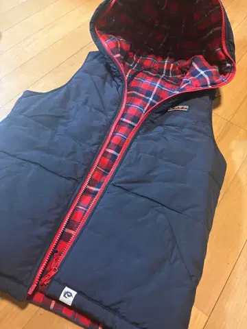 X-GIRL 후드 부착 다운 베스트 네이비/레드 체크