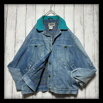 [ 빈티지 데님 자켓 G ] 안감 올 패턴 체크 옷깃 코듀로이 M
