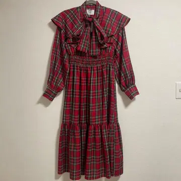 jouetie 리본 타이 프릴 롱 원피스 빨간색 체크