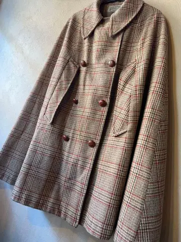 판초 체크 코트 유럽 빈티지 울 안감 부착