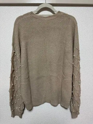 베이지 펄 장식 니트 스웨터 L