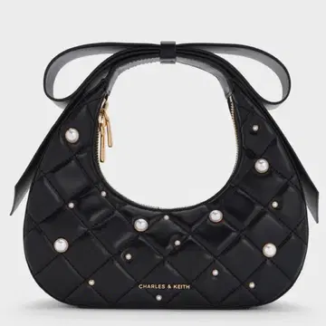 제이니 퀼트 펄 장식 보우 핸들 크레센트 백