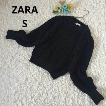 자라 퍼프 슬리브 니트 스웨터 블랙 하늘하늘 소매 코튼 S 입체 편직