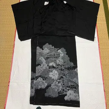 미재단 에바하타테 순수 실크 블랙 전통 예복 기모노 기모노 금각사
