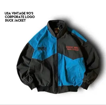 USA 90s 빈티지 덕 자켓 숏기장 블루종 페이드 기업 자수 로고