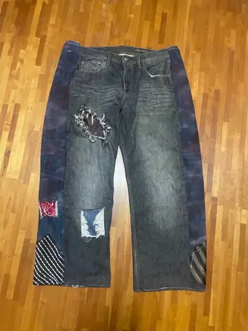 패치워크 디자인 데미지 데님 팬츠 리메이크 팬츠