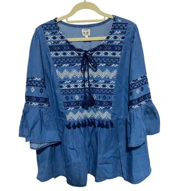 [ 티티카카 ] 데님 걸리시 프린지 자수 상의