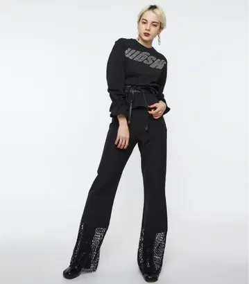 Narcissus 메쉬 밑단 롱 팬츠 블랙