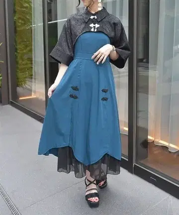 차이나 단추 바이컬러 원피스 엑시즈팜