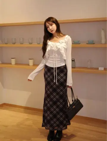 미사용 새상품 체크 머메이드 스커트 블랙 브라운 프리 사이즈