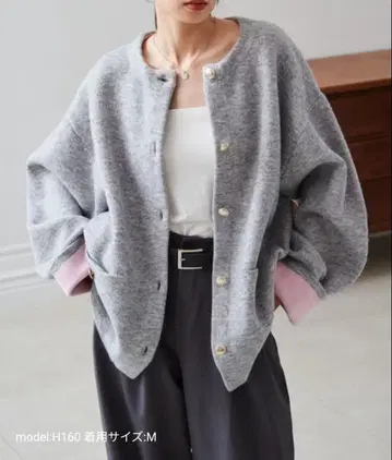 M 라난 RANAN 골드 버튼 배색 니트 자켓 가디건 그레이