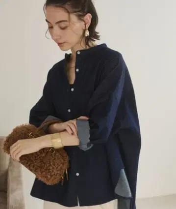 ANGIE 오버 사이즈 밴드 카라 데님 셔츠