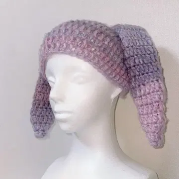토끼 귀가 달린 손뜨개질 니트 모자 퍼플 보라색