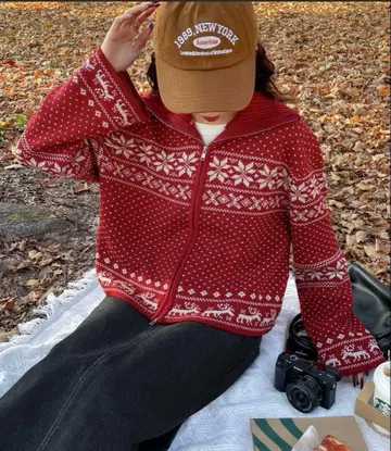 노르딕 무늬 지퍼 니트 가디건