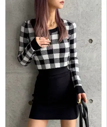 GYDA [ TINY ] 깅엄 체크 타이트 니트 원피스 F