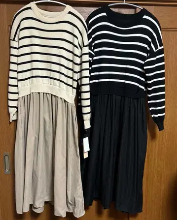 긴팔 도킹 절개 원피스 보더 2세트