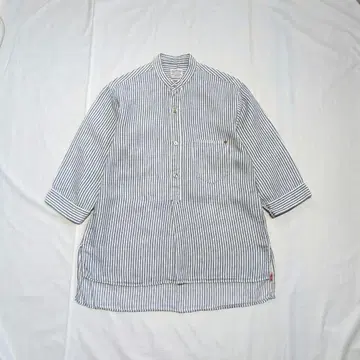 [ ANACHRONORM ] 린넨 스트라이프 고양이 눈 버튼 피셔맨 셔츠