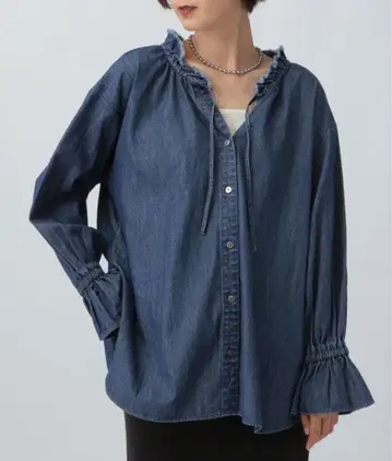 렙심 LEPSIM 데님 프릴 블라우스 인디고 블루