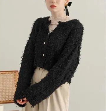 [ hinari ] 리본 튤 니트 가디건 블랙