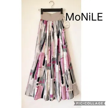 [ 새상품 ] 모니레 페인트 패턴 허리 리브 플레어 스커트 컬러풀 핑크