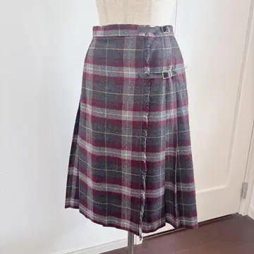 롱 스커트 플리츠 스커트 체크 울 플레어 맥시 랩 스커트