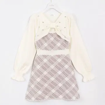 evelyn 에블린 긴팔 체크 리본 니트 OP 원피스 핑크