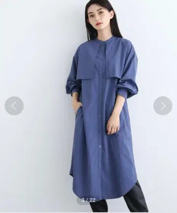 인디비 케이프 롱 원피스 셔츠 원피스 밴드 카라 블루