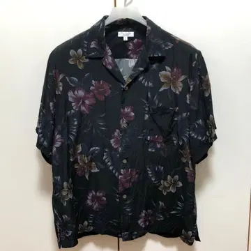 하와이안 오픈 카라 올 패턴 꽃 프린트 블랙 L 사이즈 셔츠