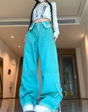 터콰이즈 와이드 레그 데님 팬츠 Y2K