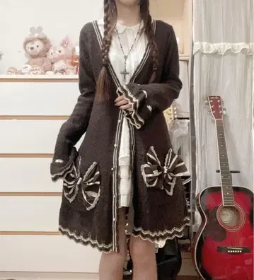 모리걸 레트로 빅 리본 펄 프릴 니트 원피스