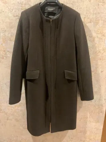 ZARA BASIC 다크 브라운 노카라 롱 코트