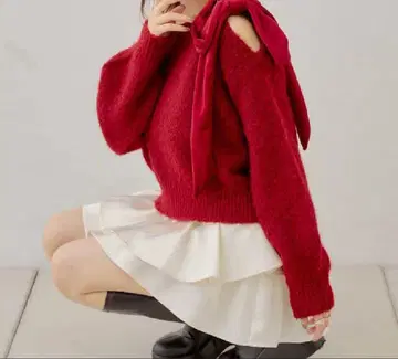 새상품 Chico 벨로아 리본 원숄더 루즈 니트 빨간색 크리스마스