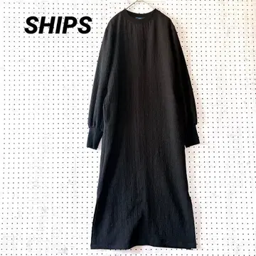 쉽스 롱 원피스 입체감 소재 리브 소매 블랙 폴리에스테르 혼방