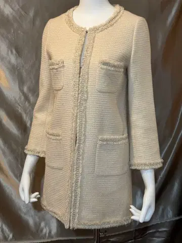 노카라 자켓 크림색 프린지 트위드 라메 화이트