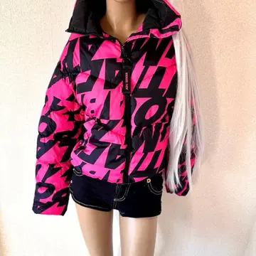 핑크 영문 총 로고 볼륨 갸루 다운 자켓