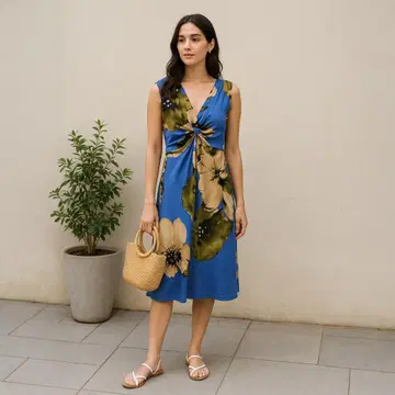 Bou Jeloud 무릎 기장 원피스 플라워 슬리브리스 F 블루