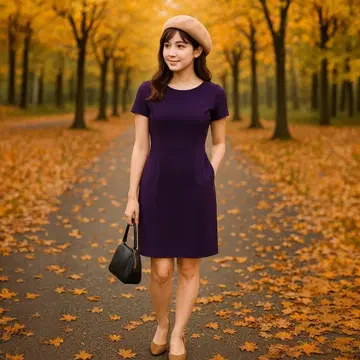 ELIE TAHARI 원피스 반팔 미디 기장 M 퍼플 럭셔리 코디