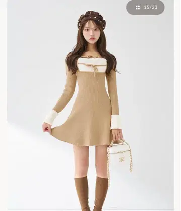 다리치 리본 퍼 플레어 니트 미니 원피스 FL