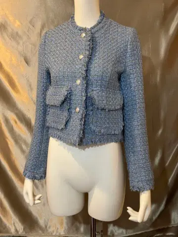 파란색 프린지 트위드 자켓 블루 금 라메 버튼 한국