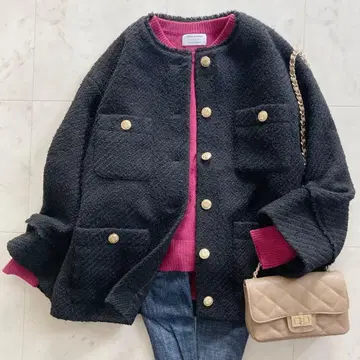 새상품급 라운지 드레스 트위드 자켓 오버 사이즈 블랙 노카라